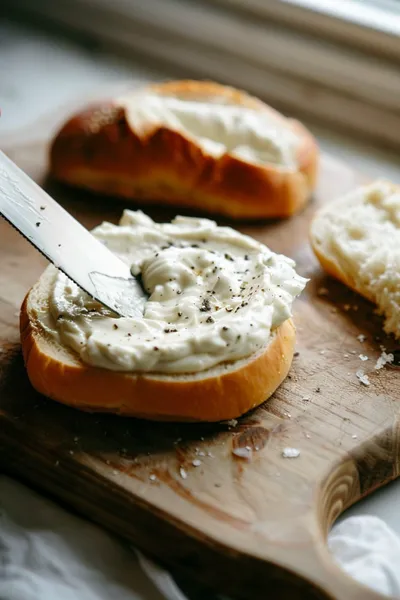 Garlic aioli being spread on a sandwich roll