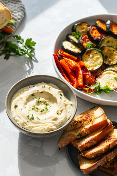 Garlic aioli served with roasted vegetables and sandwiches