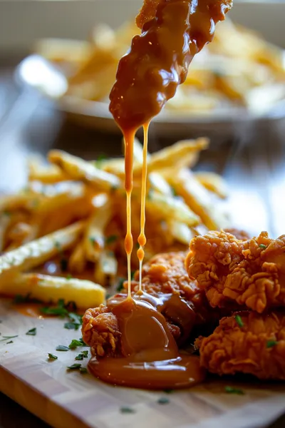 Chicken tender dipped in Raising Cane’s style sauce