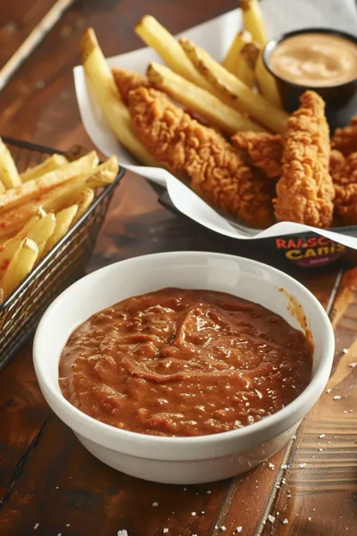 Chicken tenders and fries served with Cane’s style sauce