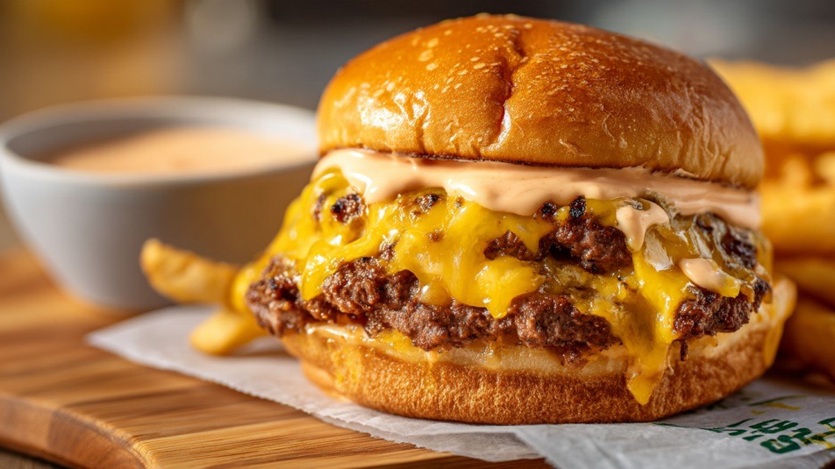 juicy smash burger with creamy burger sauce and fries