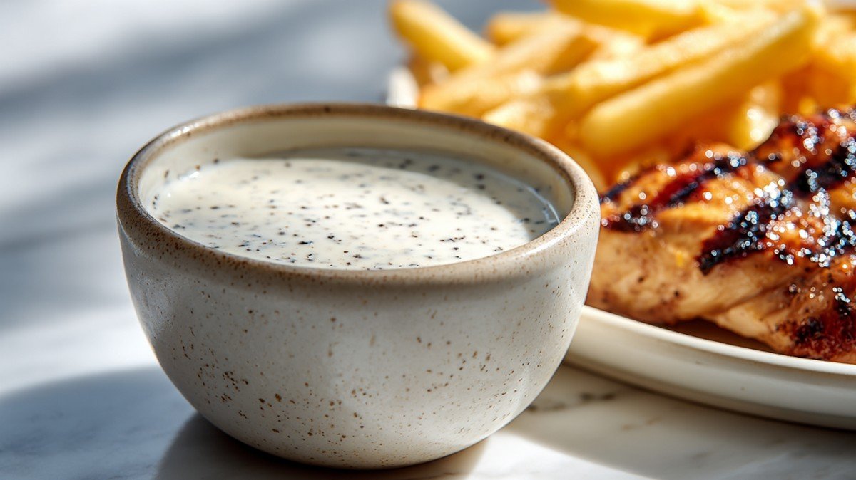 tangy Alabama white sauce in bowl with grilled chicken