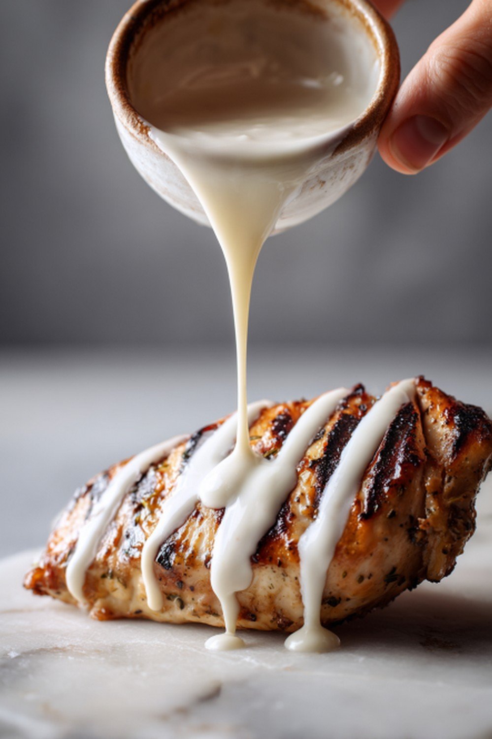 chicken dipped into Alabama white sauce with glossy coating