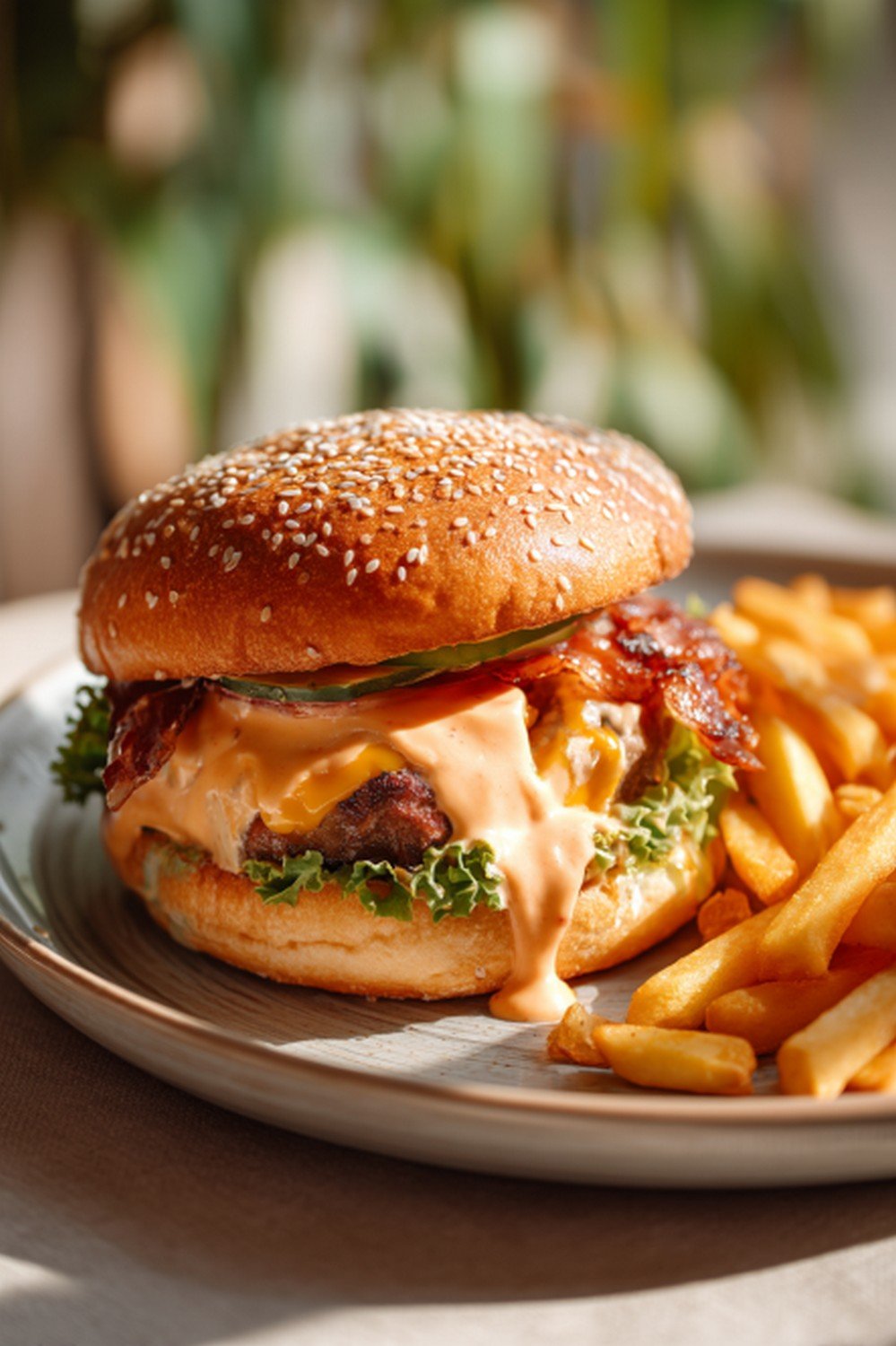 bacon burger sauce served with burgers on a rustic table
