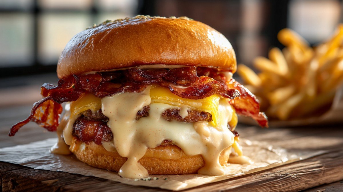 bacon burger sauce melting into a stacked burger with fries
