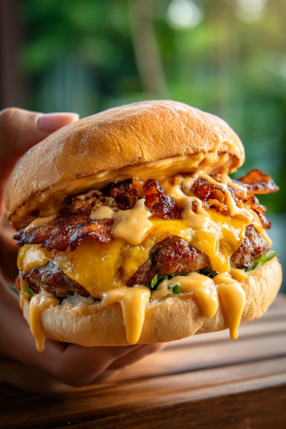 burger bite with bacon burger sauce dripping from layers
