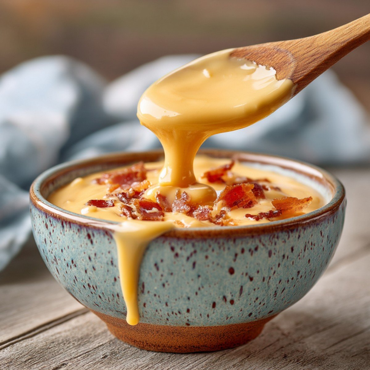 creamy bacon burger sauce dripping from a spoon showing rich texture
