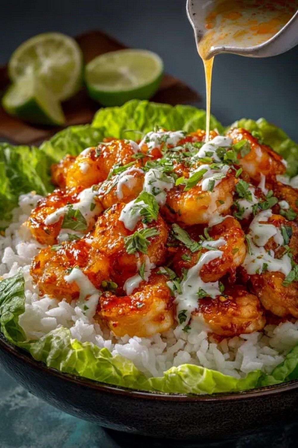 bang bang sauce served with shrimp rice bowl
