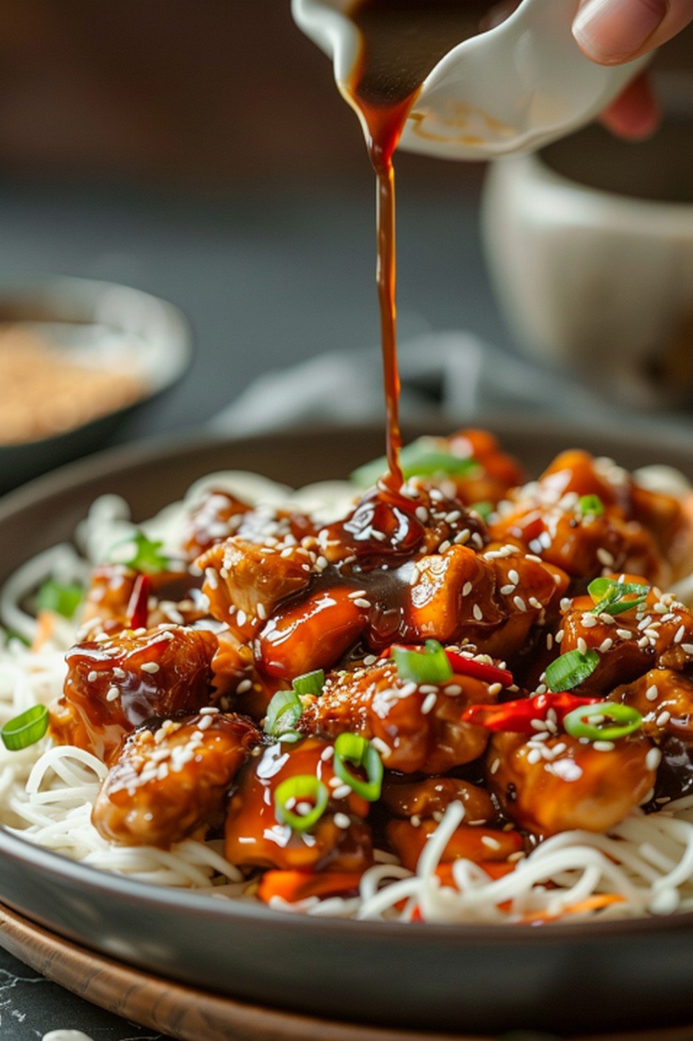 Asian sauces served with noodles, chicken, dumplings and spring rolls on a table