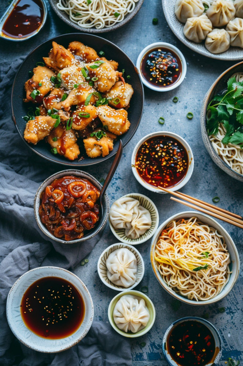 Different Asian sauces being poured and drizzled over noodles and chicken