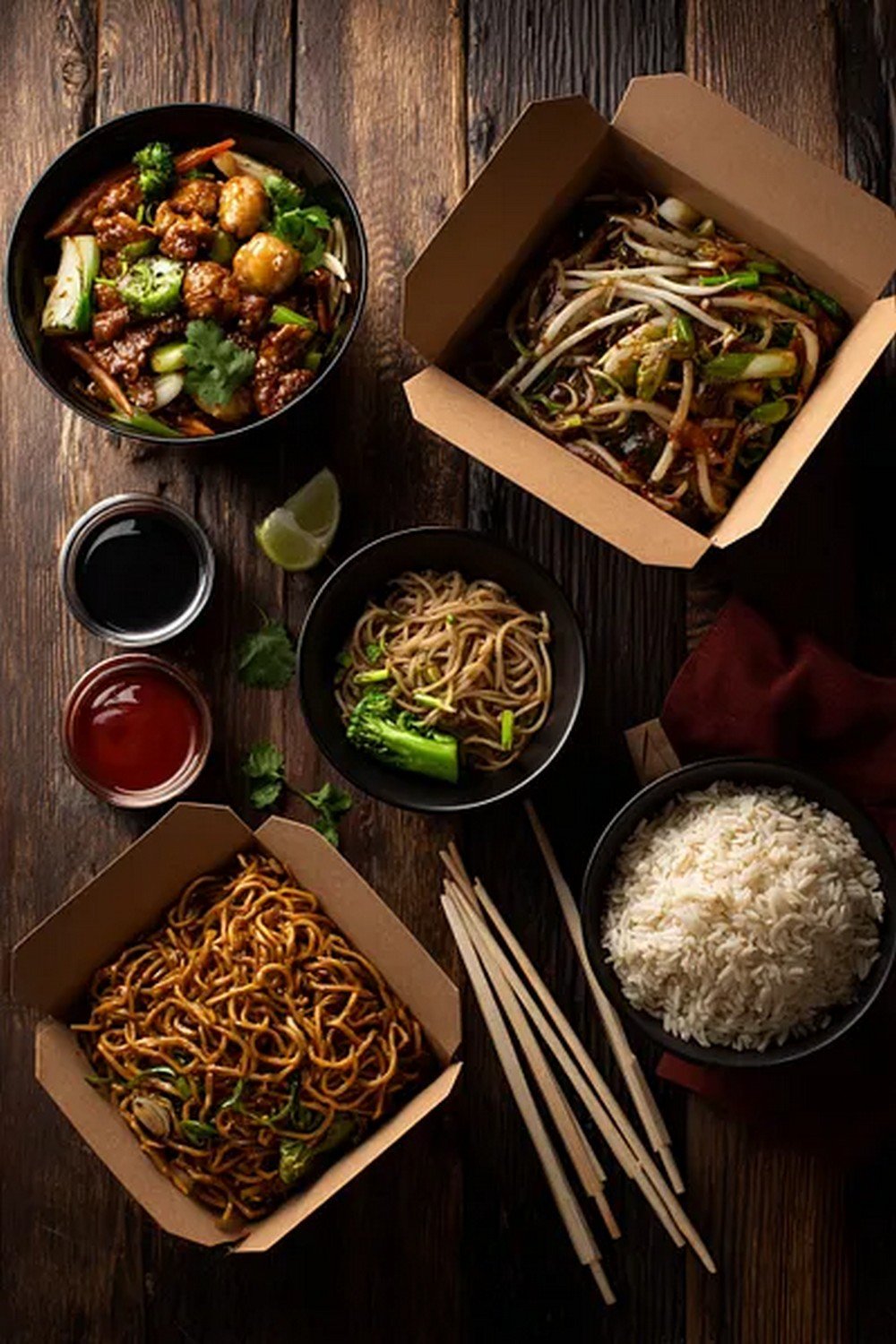 Asian takeout sauces served with noodles and rice dishes