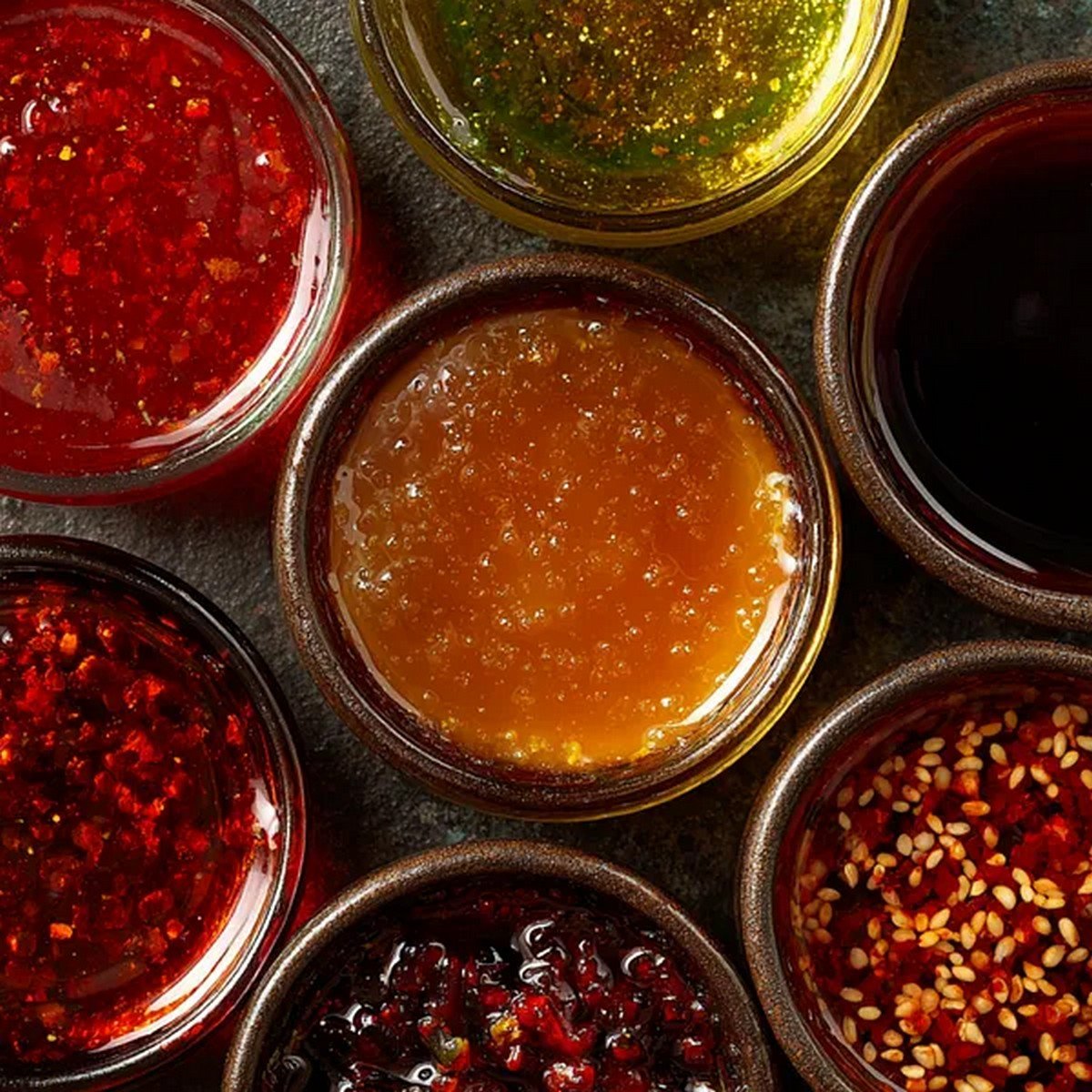 glossy Asian takeout sauces close up showing different sauce textures