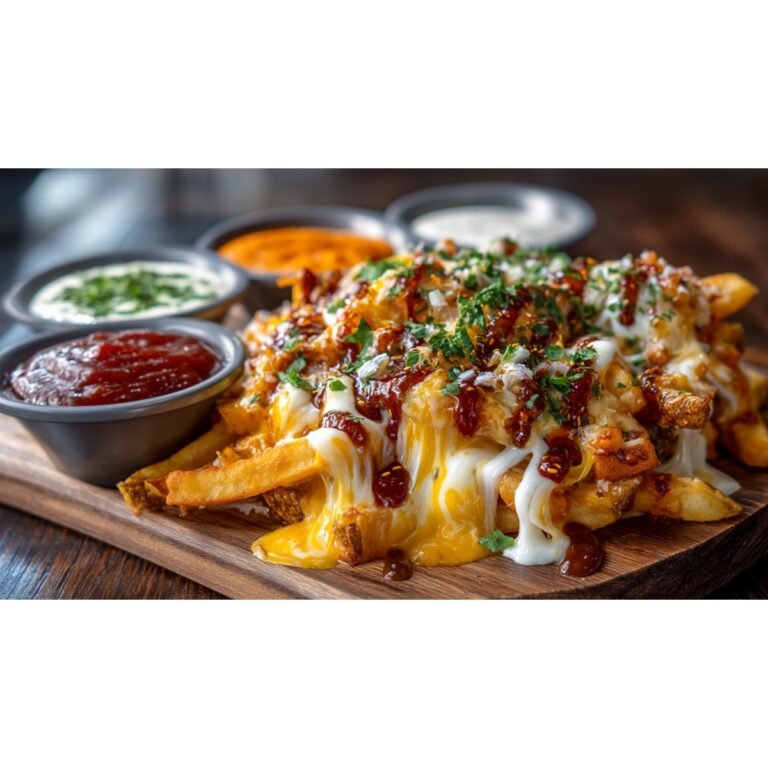 platter of fries with multiple dipping sauces