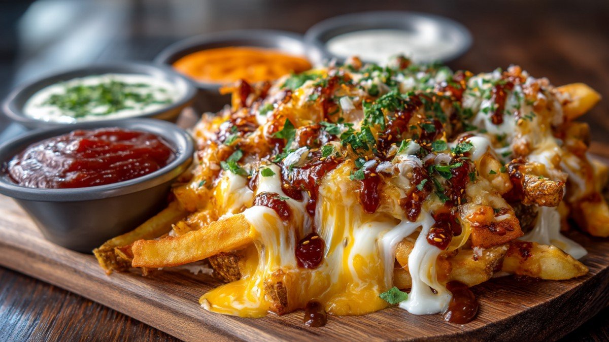 platter of fries with multiple dipping sauces