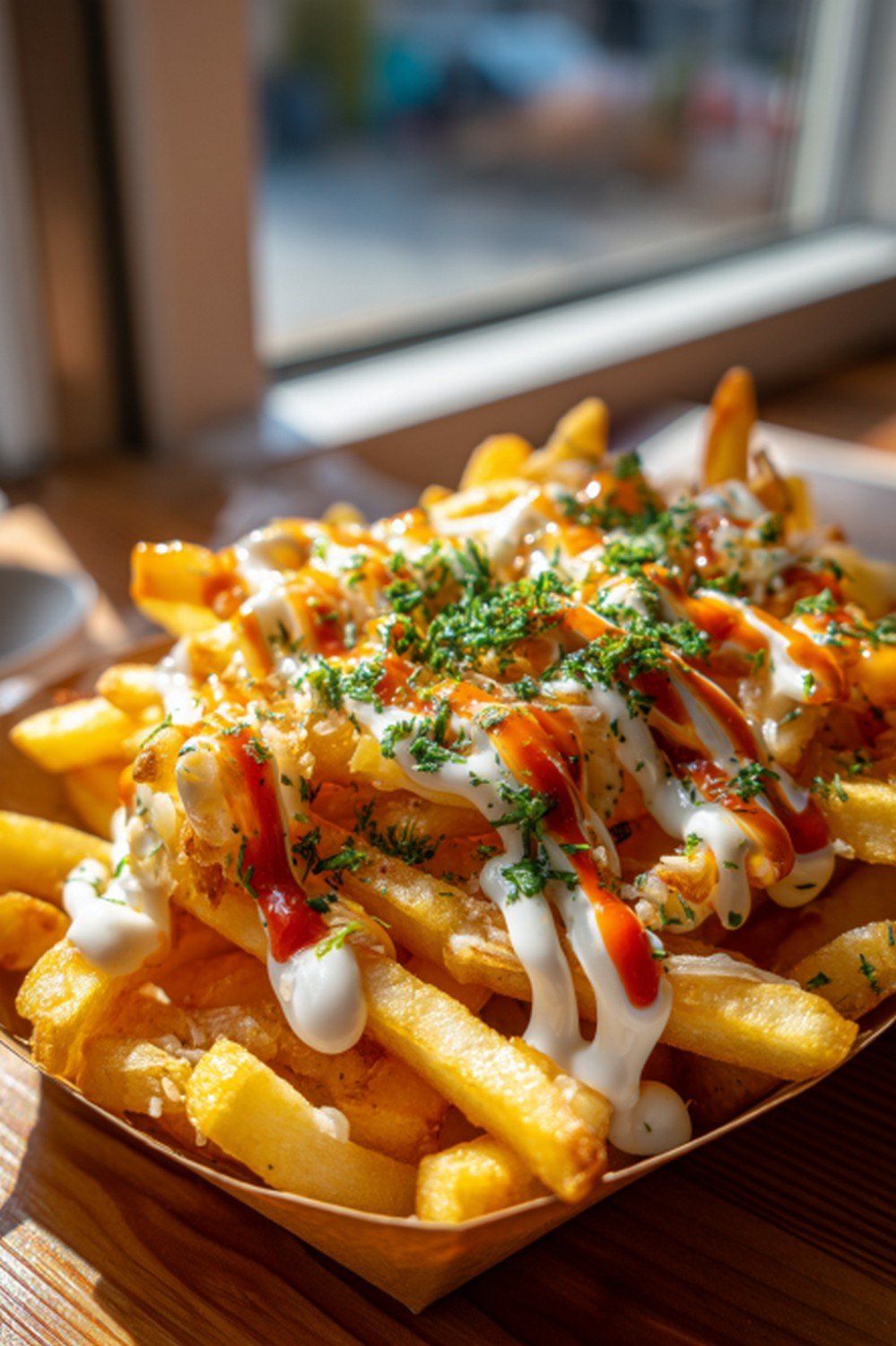 fries lifted with cheese pull and coated in sauces