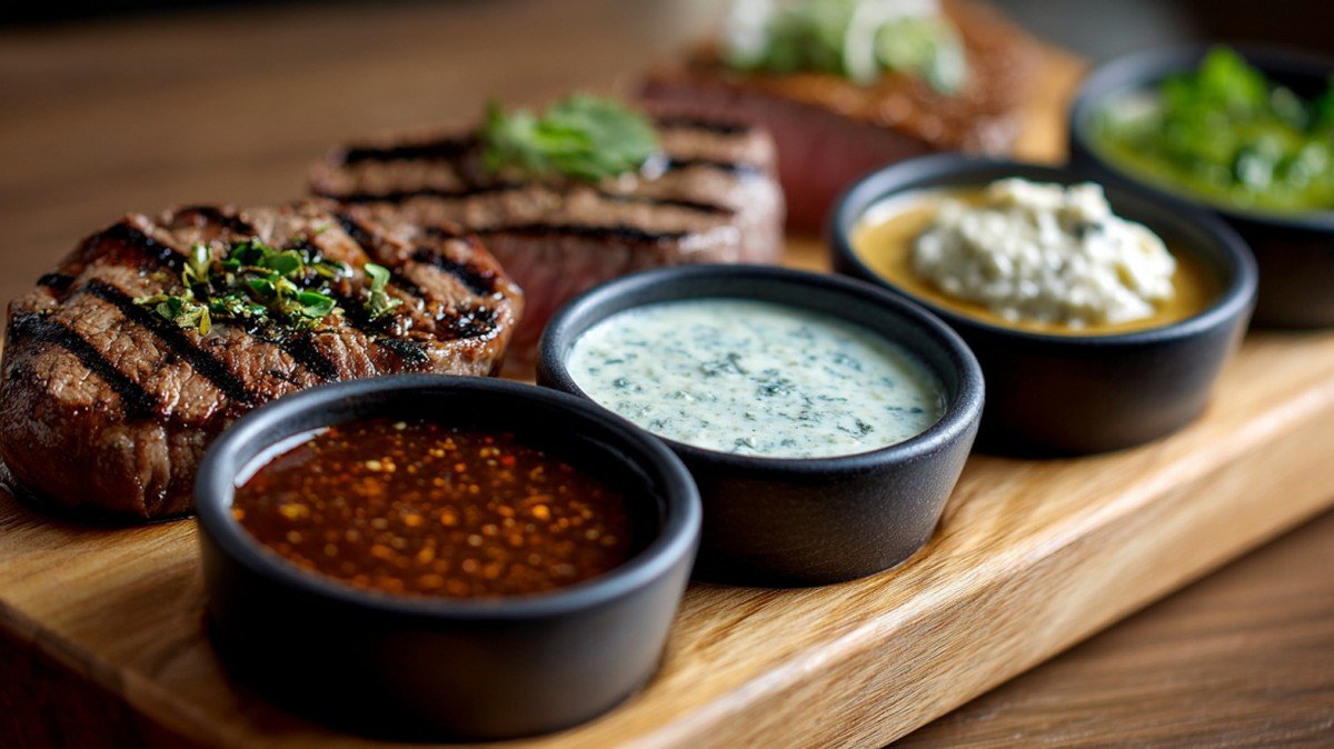 assortment of steak sauces served with grilled steak
