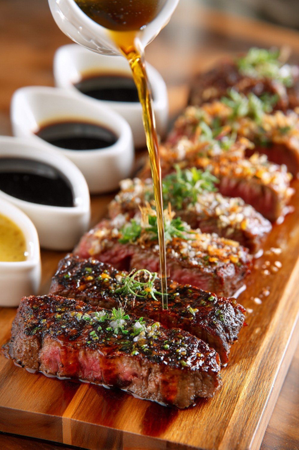steak sampler with multiple steak sauces dripping
