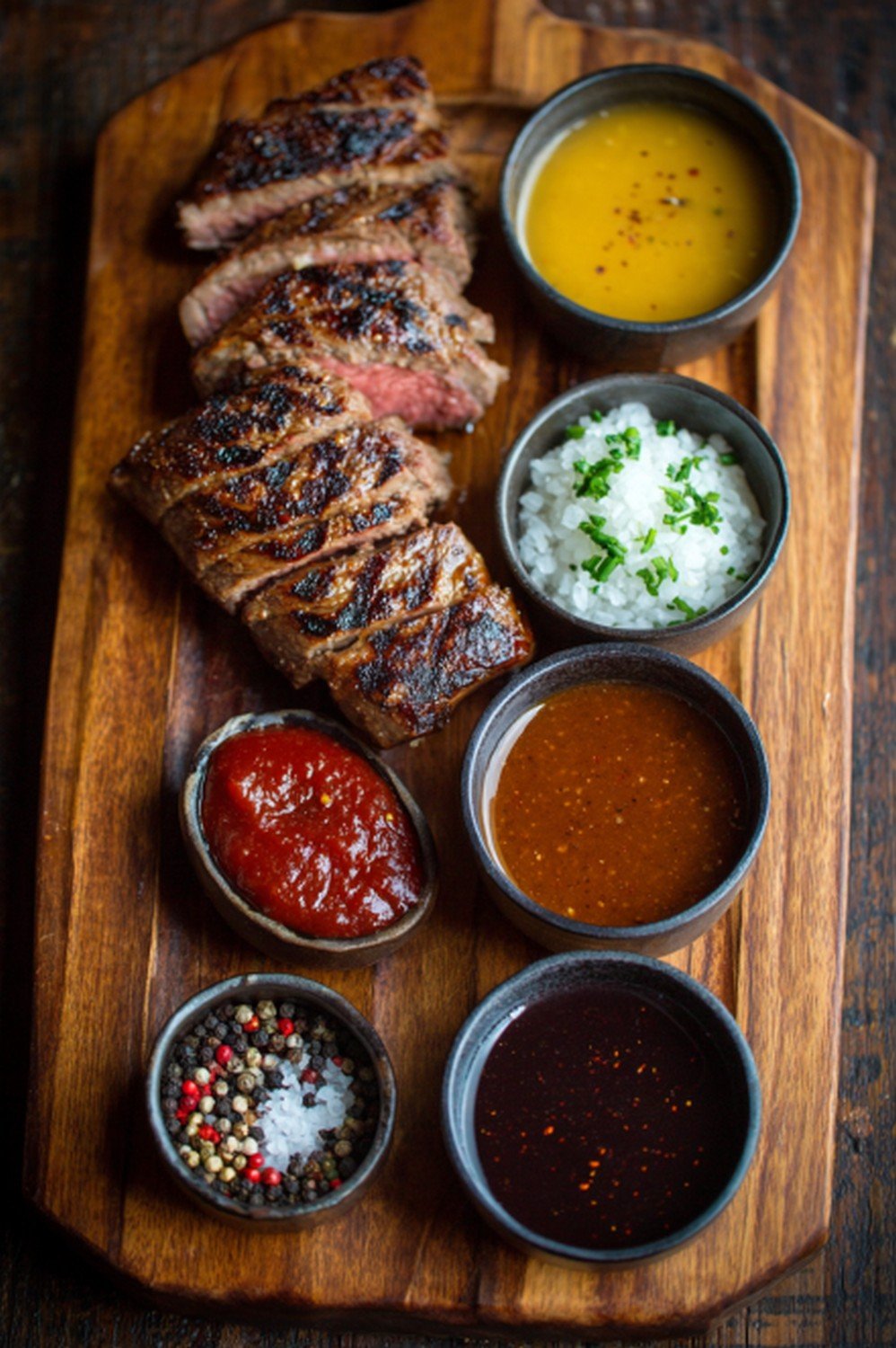 steak sauce tasting board with several sauces
