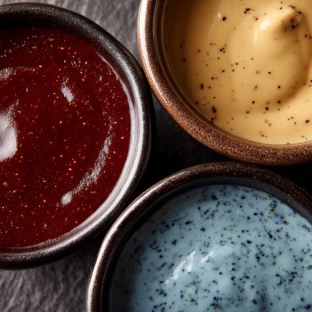 close up textures of different steak sauces in bowls
