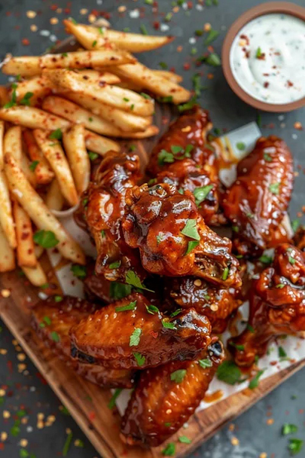 game day table with wings and assorted sauces
