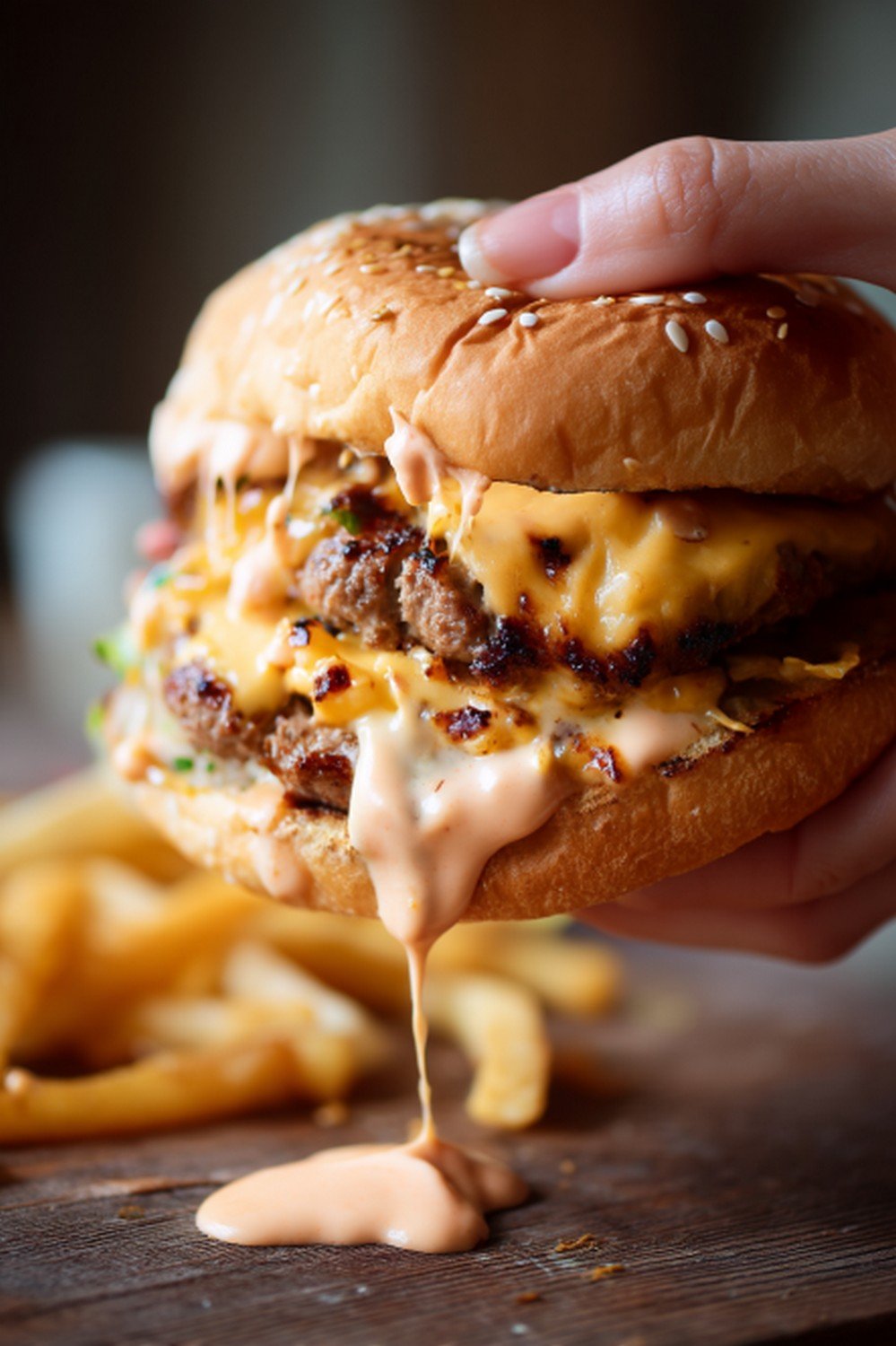 burger bite with sauce dripping from layers