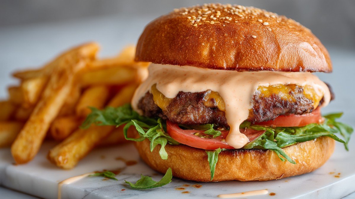 creamy homemade Big Mac sauce served with burger and fries, rich and tangy
