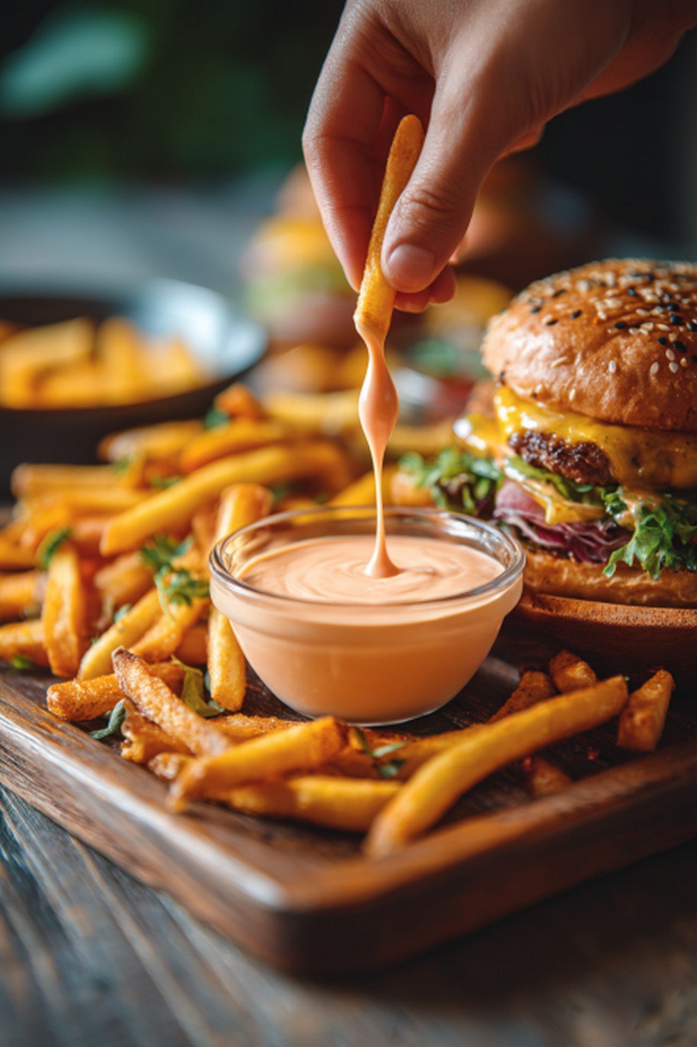 fries dipped into Big Mac sauce with thick coating in homemade kitchen
