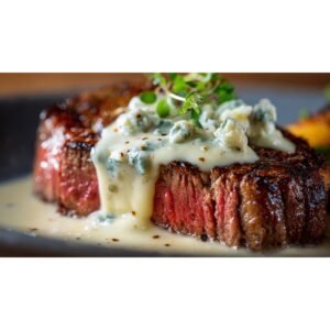 creamy blue cheese sauce melting over grilled steak