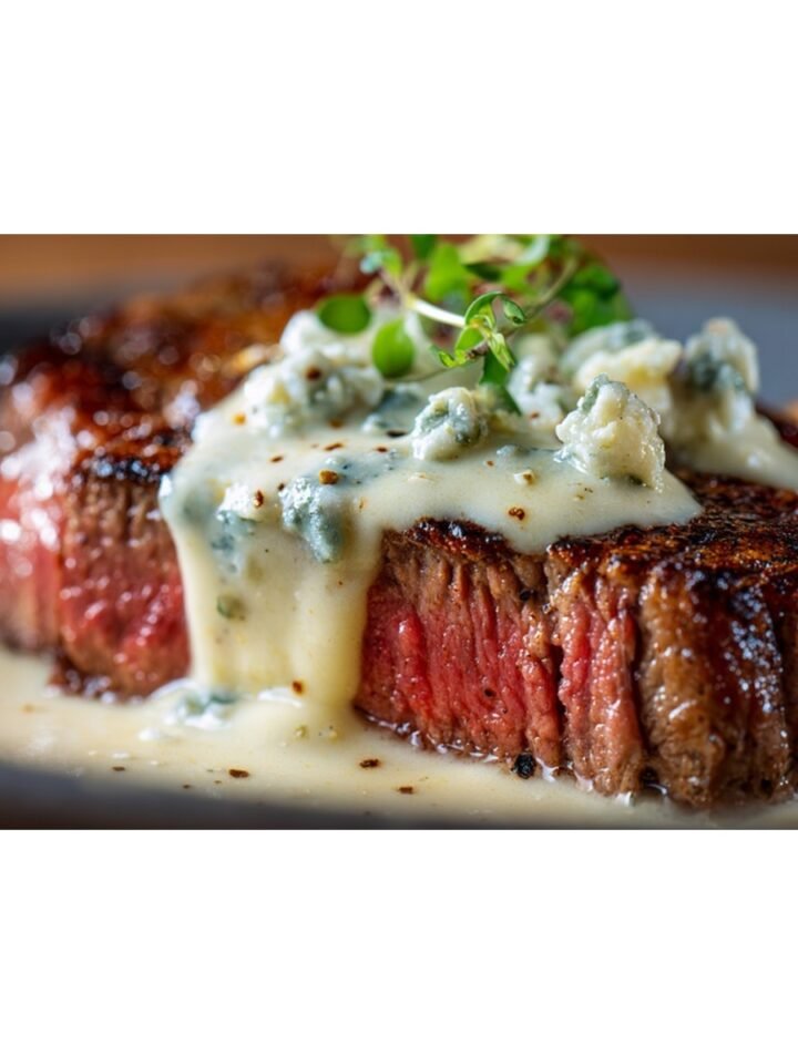 creamy blue cheese sauce melting over grilled steak