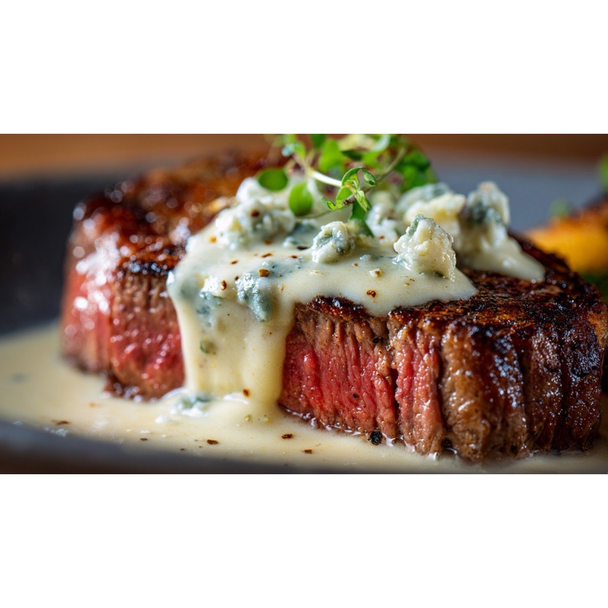 creamy blue cheese sauce melting over grilled steak