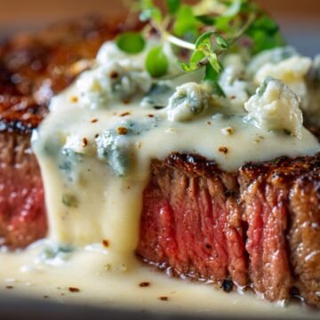 creamy blue cheese sauce melting over grilled steak