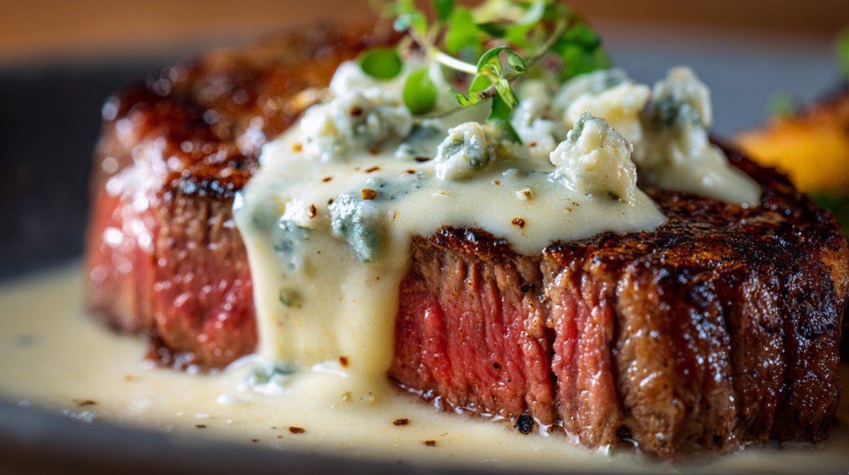 creamy blue cheese sauce melting over grilled steak