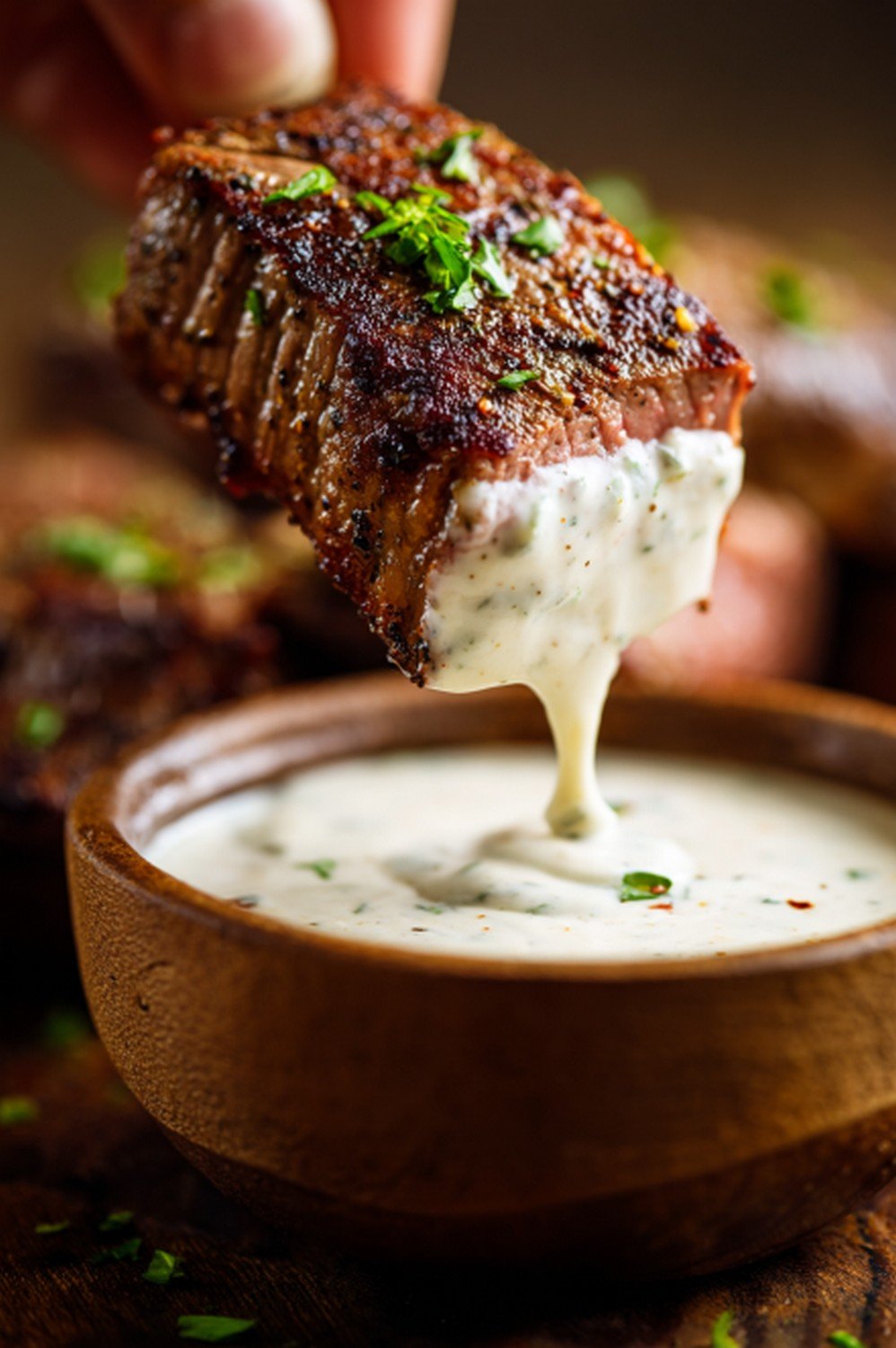 steak dipped into creamy blue cheese sauce