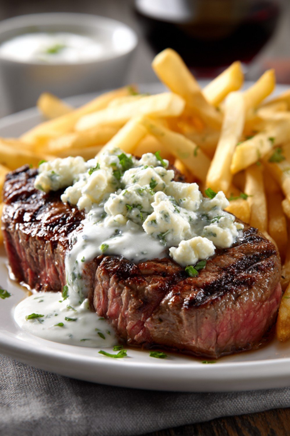 steak dinner served with blue cheese sauce