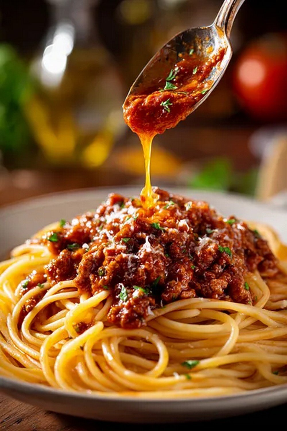 spoon pouring bolognese sauce over spaghetti
