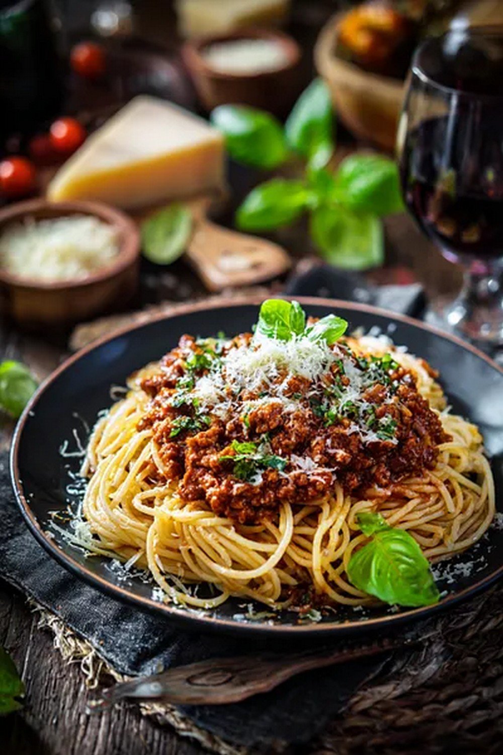 homemade bolognese sauce served with pasta and parmesan
