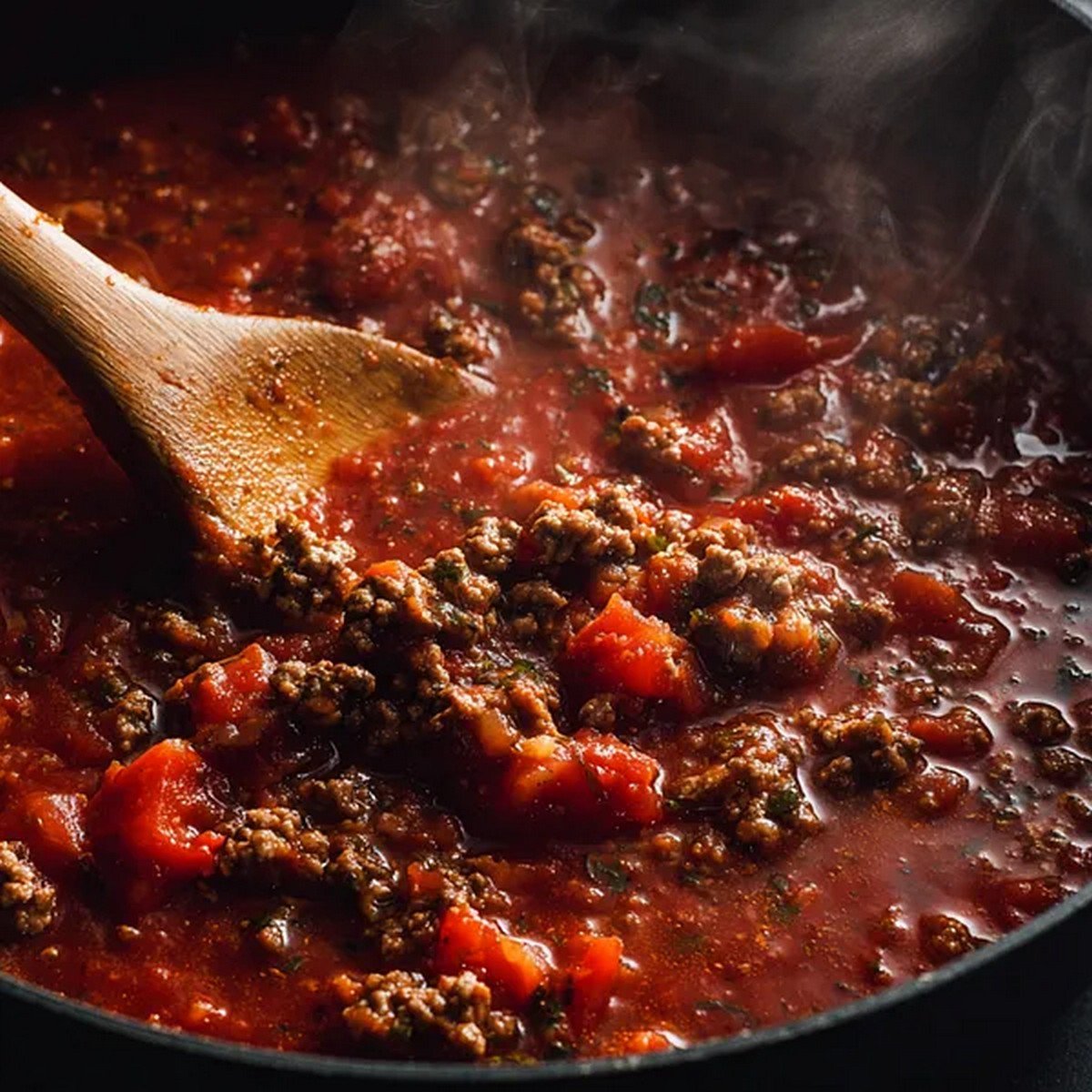 close up texture of thick bolognese meat sauce
