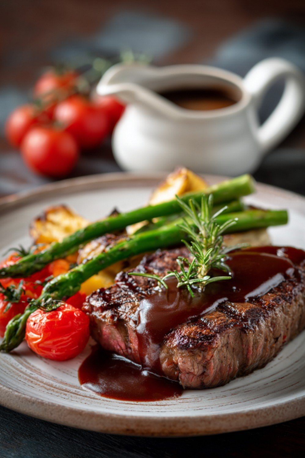 steak dinner plated with bordelaise sauce and vegetables
