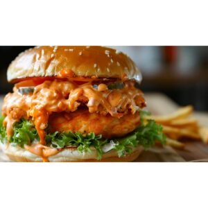 buffalo chicken sandwich with melted cheese and sauce