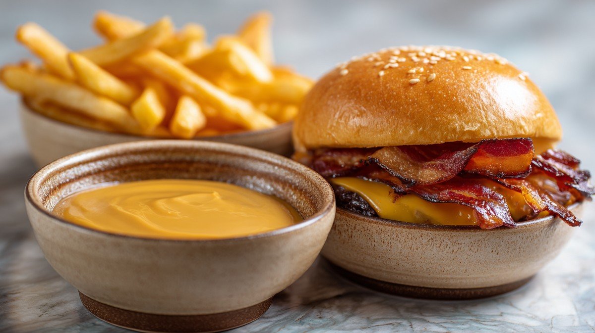 creamy homemade burger king stacker sauce served with burger and fries
