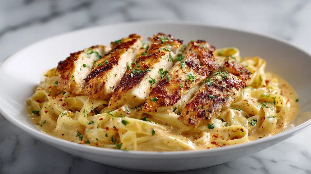 creamy cajun alfredo sauce with pasta and grilled chicken slices