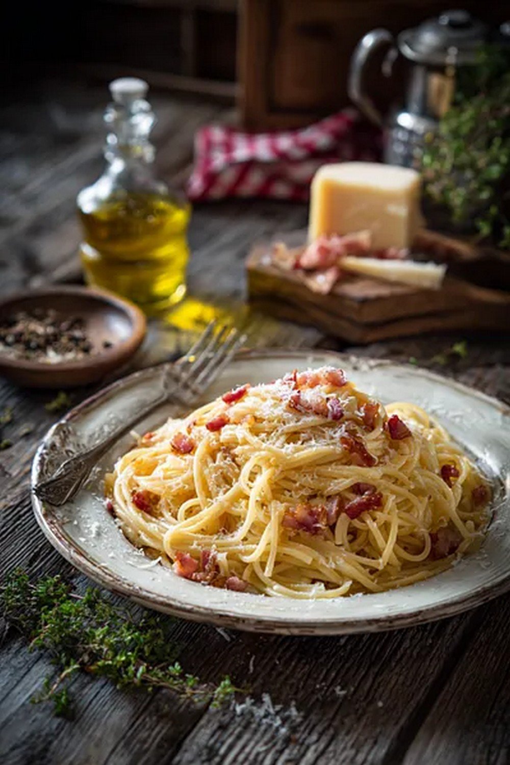 authentic carbonara pasta served with pancetta and black pepper
