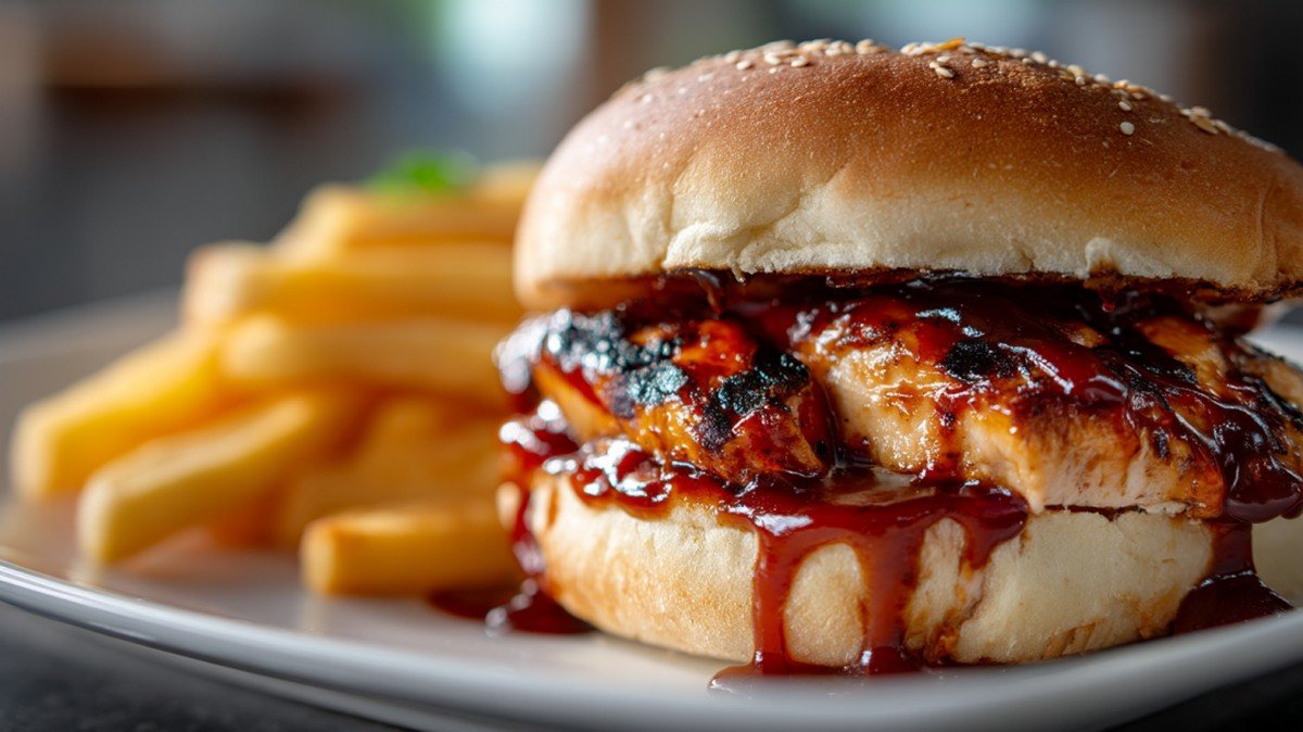 honey roasted bbq sauce served with chicken sandwich and fries

