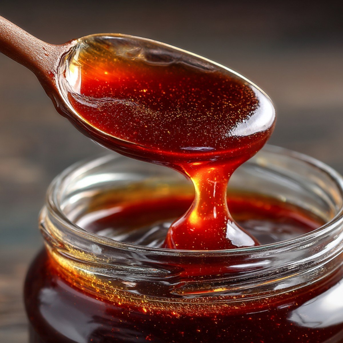 thick honey roasted bbq sauce dripping from a spoon
