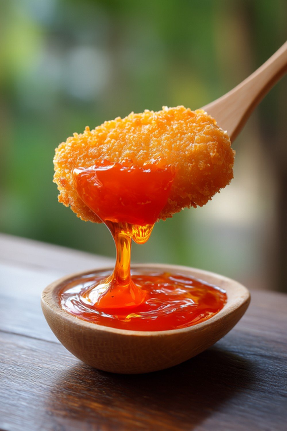 chicken nugget dipped into polynesian sauce
