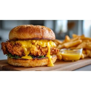 crispy chicken sandwich with Chick Fil A sauce and fries