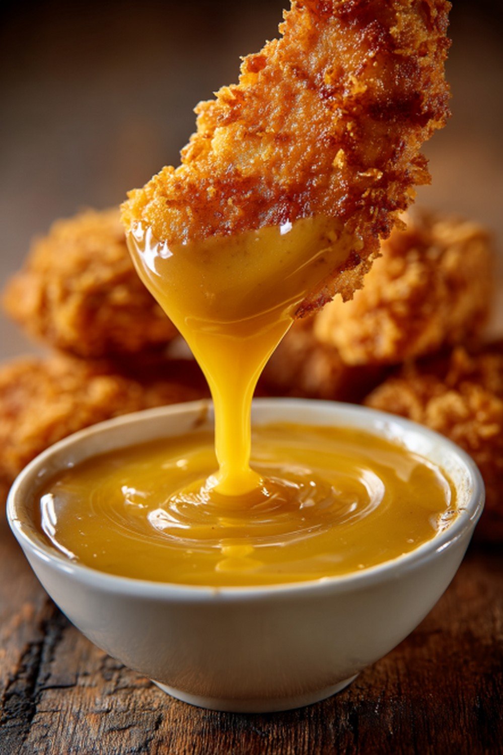 chicken tenders dipped into Chick Fil A sauce with thick coating
