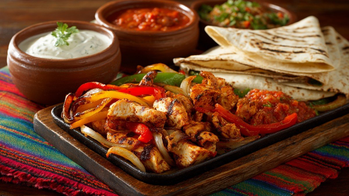 Action dip shot of Chicken Fajita Plate