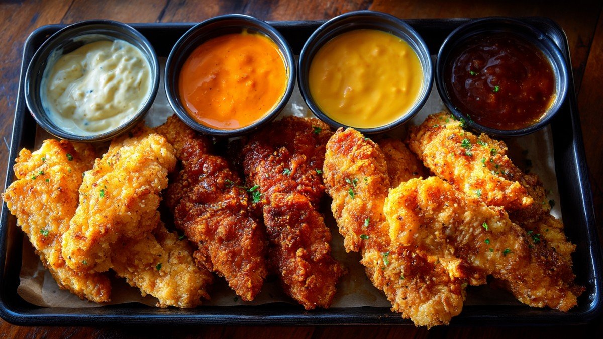 chicken tender party tray with multiple dipping sauces and fries
