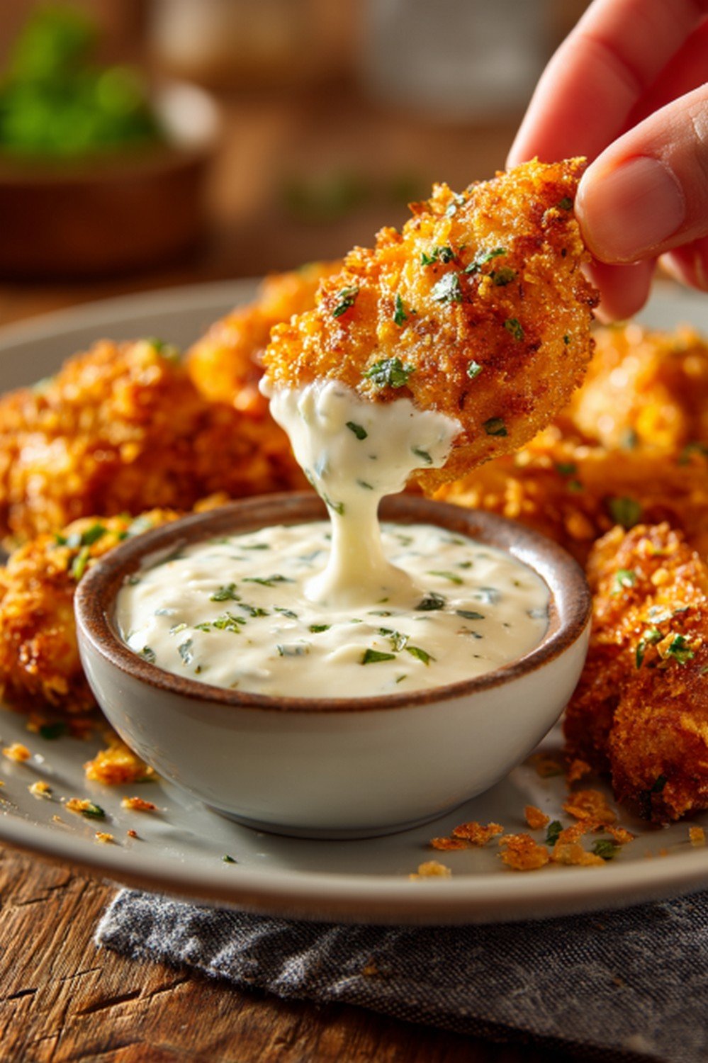chicken tender dipped into sauce with thick coating
